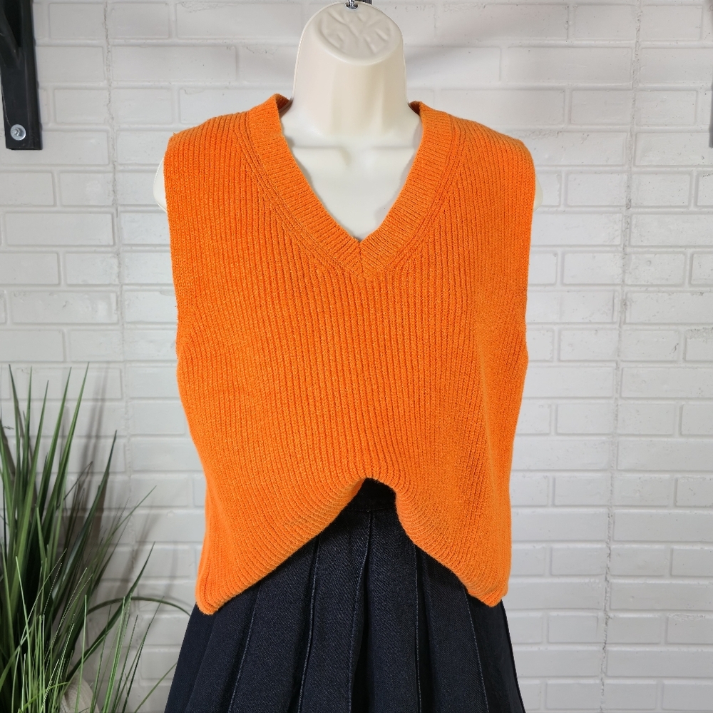 Zara Orange V Neck Ribbed Knit Sweater Vest Medium